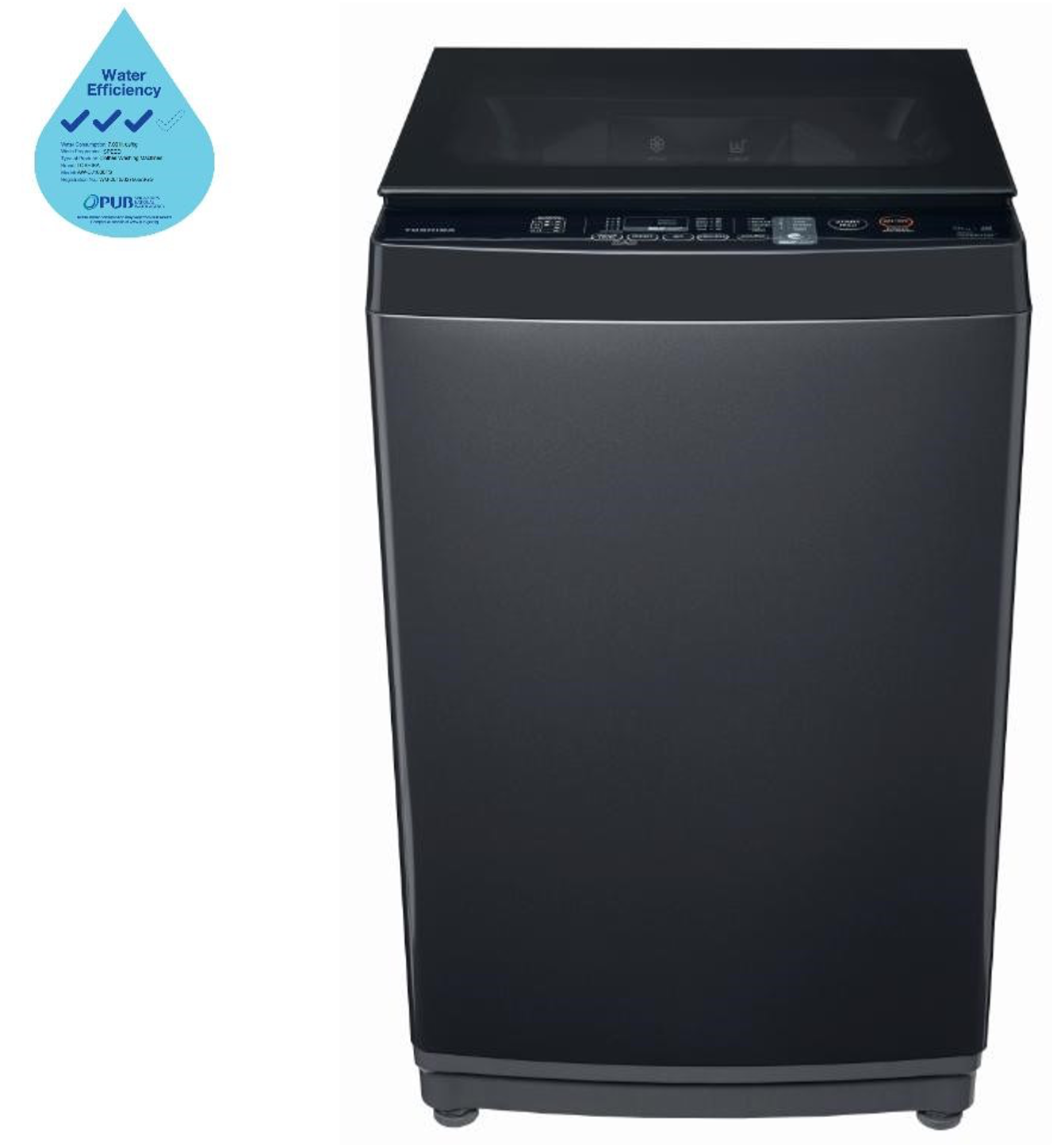 A black washing machine with a water drop on it