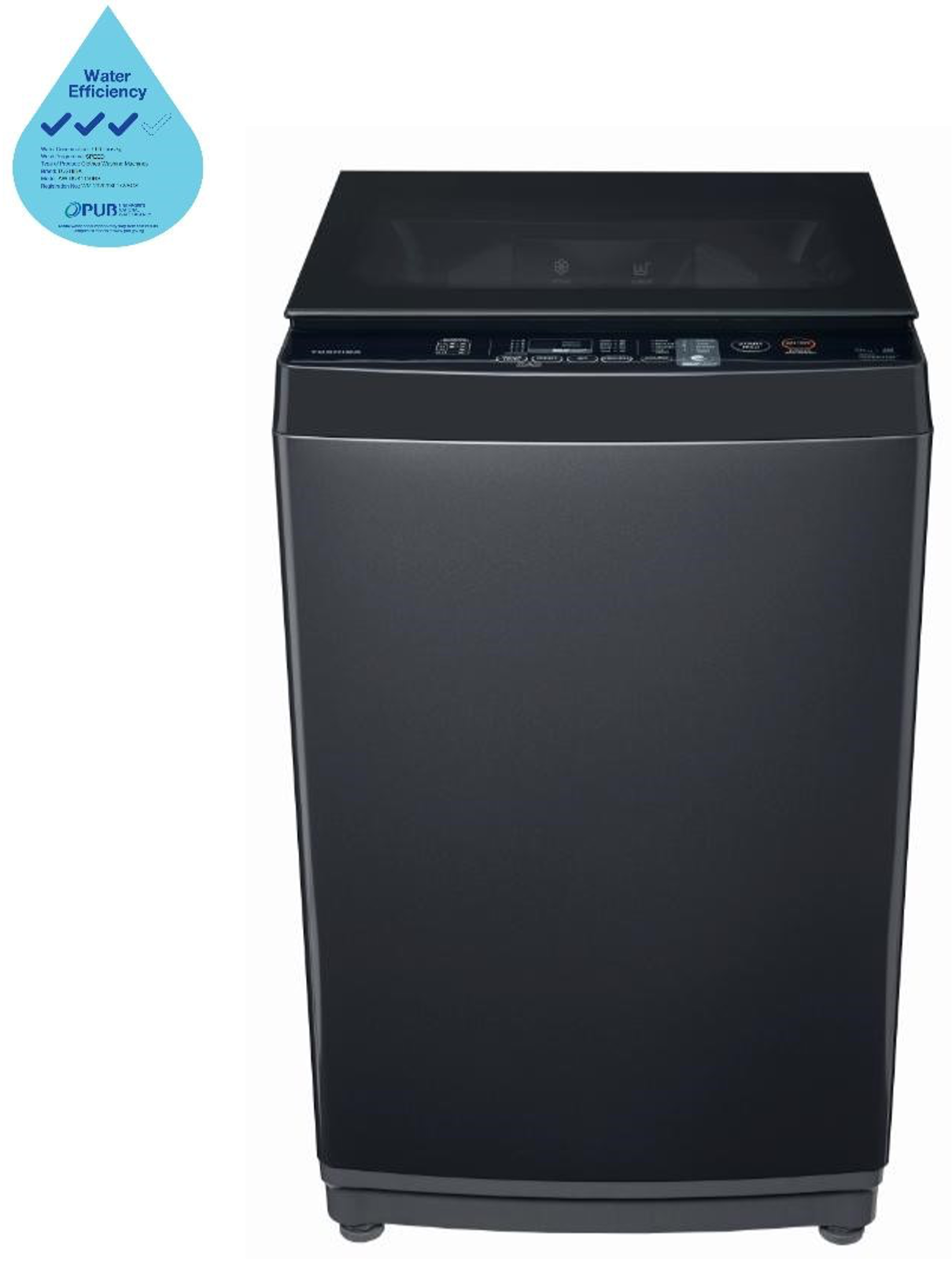 A black washing machine is sitting on a white surface.