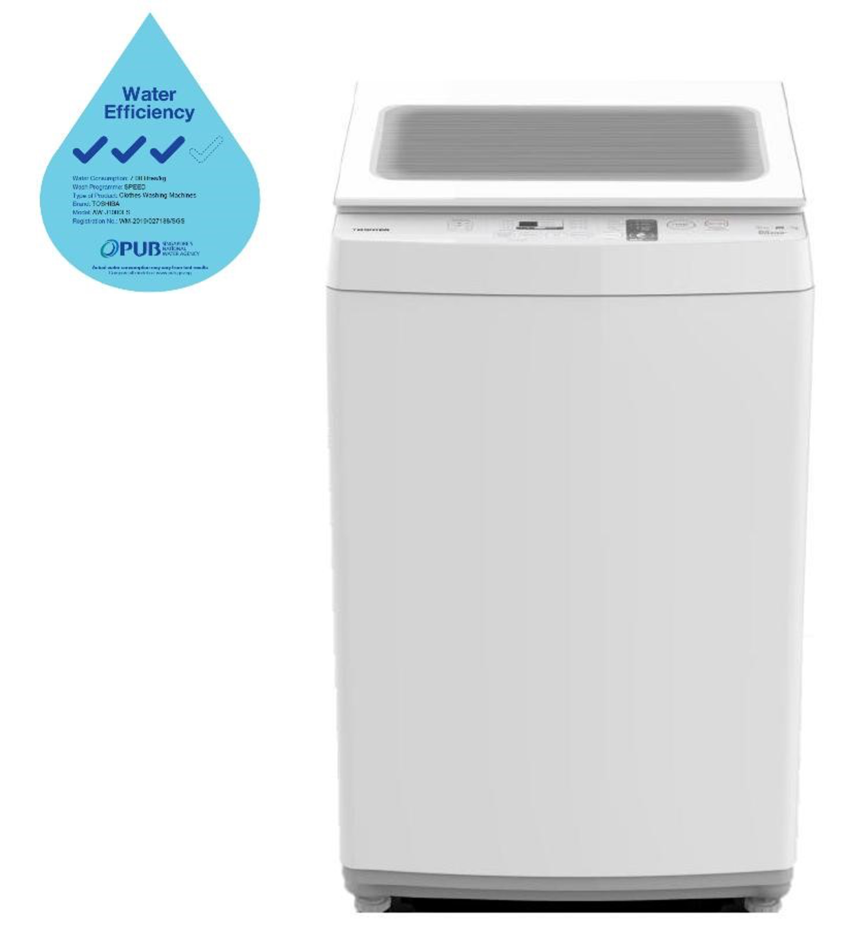 A white washing machine with a water efficiency sticker on it