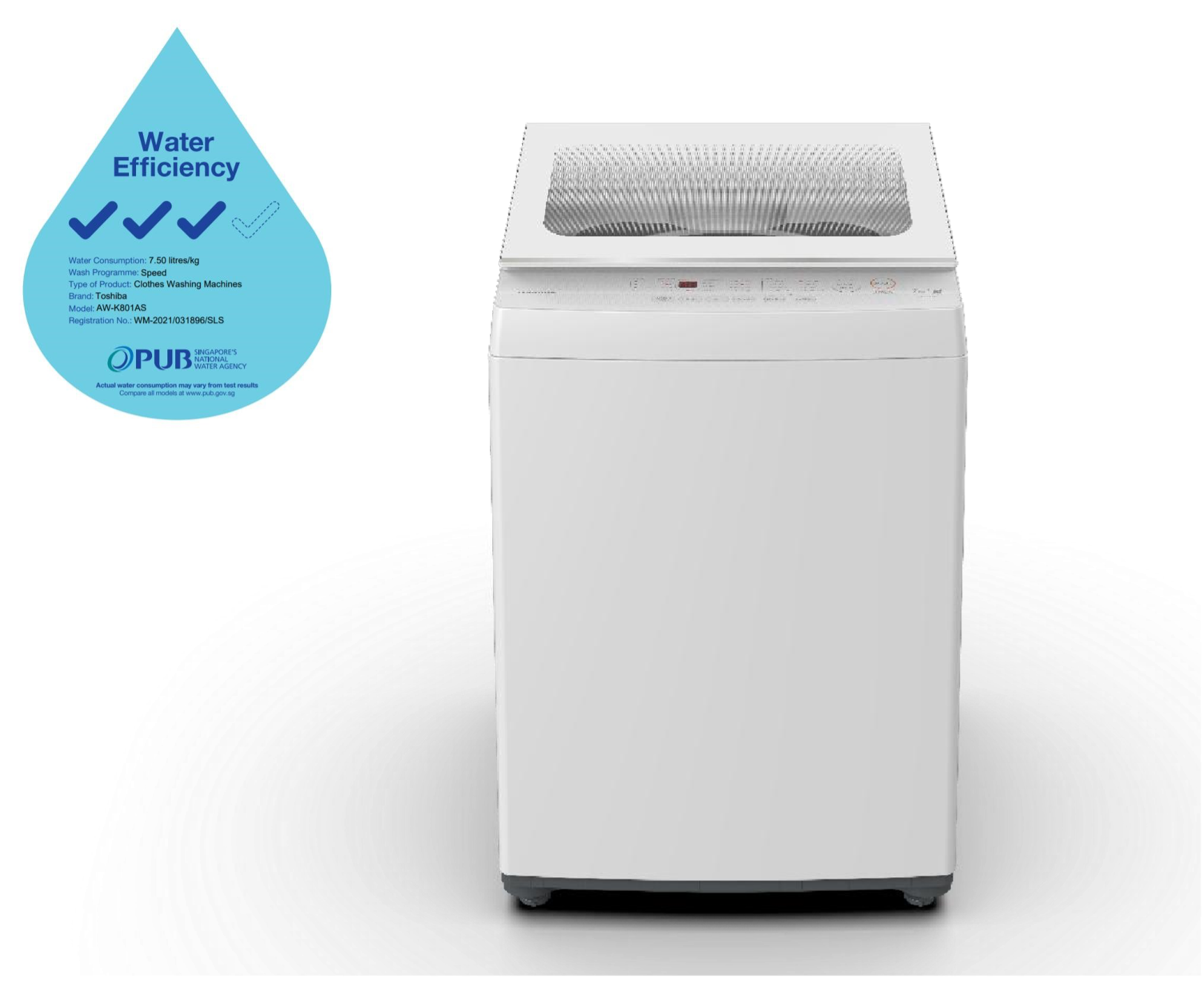 A white washing machine with a water efficiency sticker on it