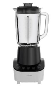 A black and white toshiba blender with a glass jar
