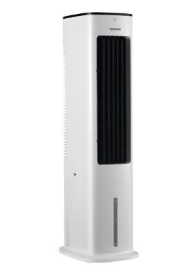 A white air cooler is sitting on a white surface.