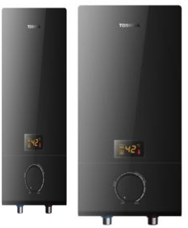 Two black water heaters are sitting next to each other on a white background.