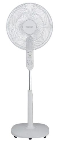 A white stand fan with a remote control on a white background.