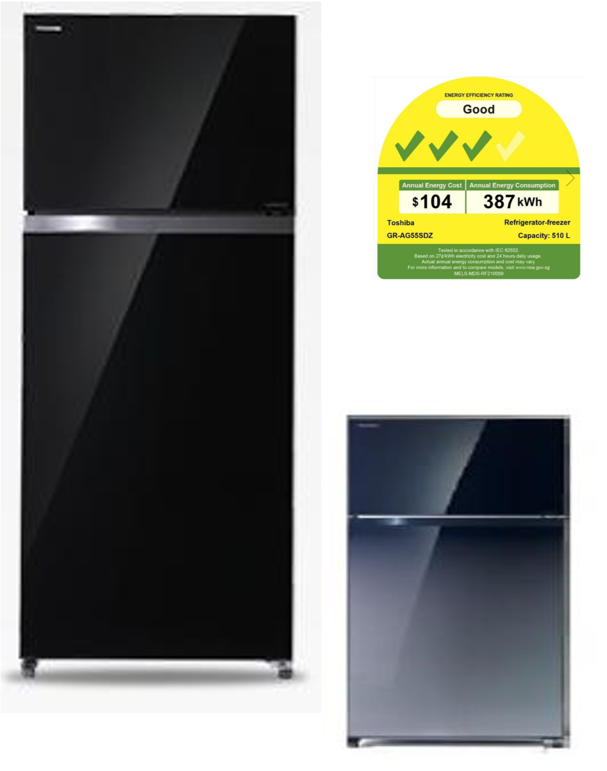 A black refrigerator with a yellow sticker on it