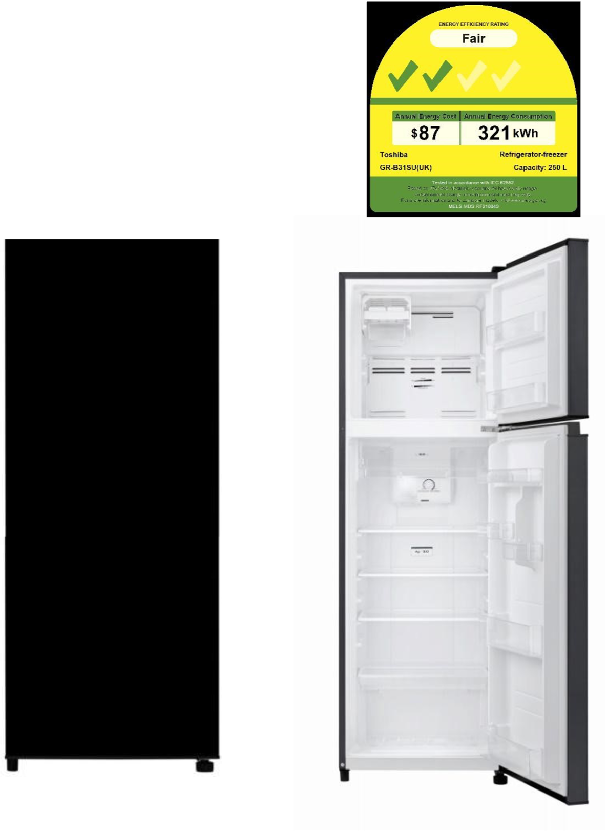 A black refrigerator with the door open and a sticker on it.