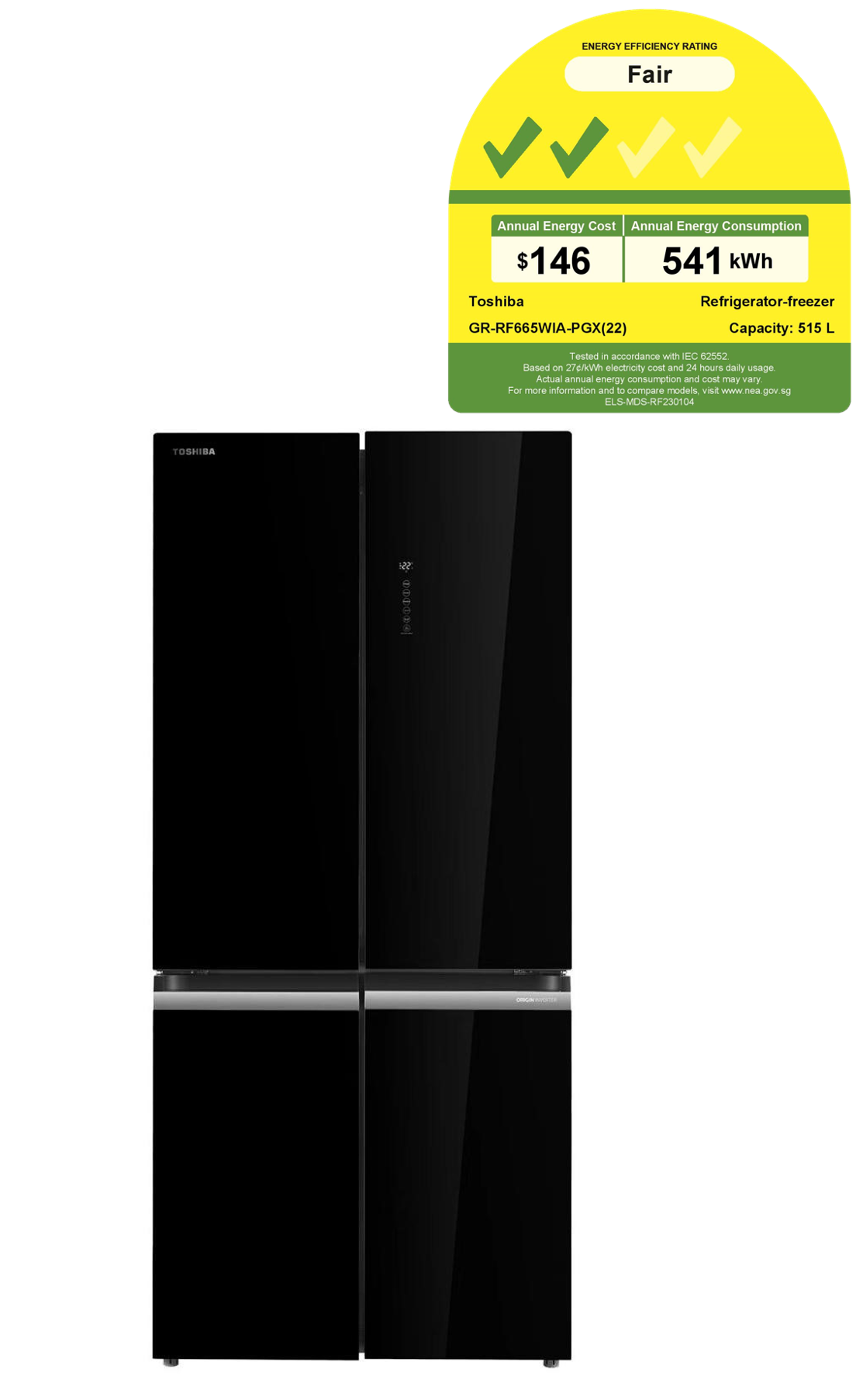 A black refrigerator with a label that says ' 146 ' on it