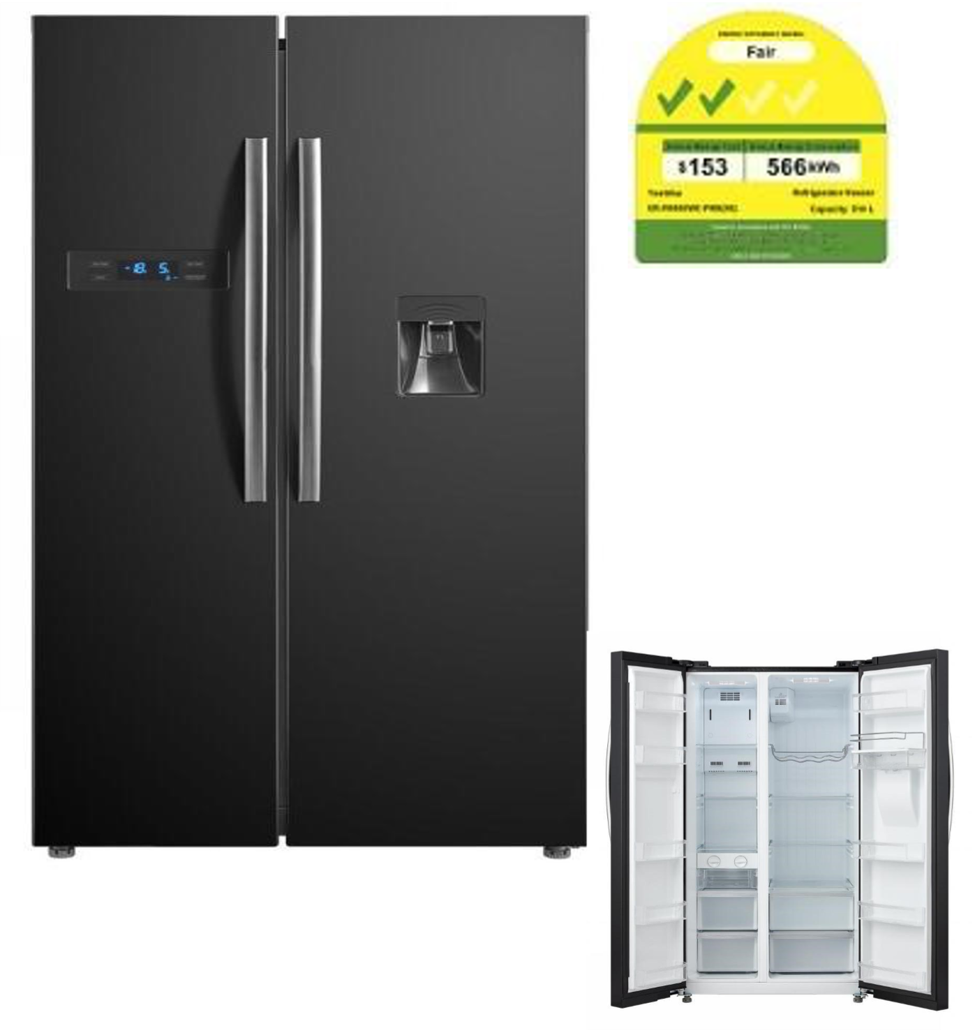 A black refrigerator with the door open and a label on it