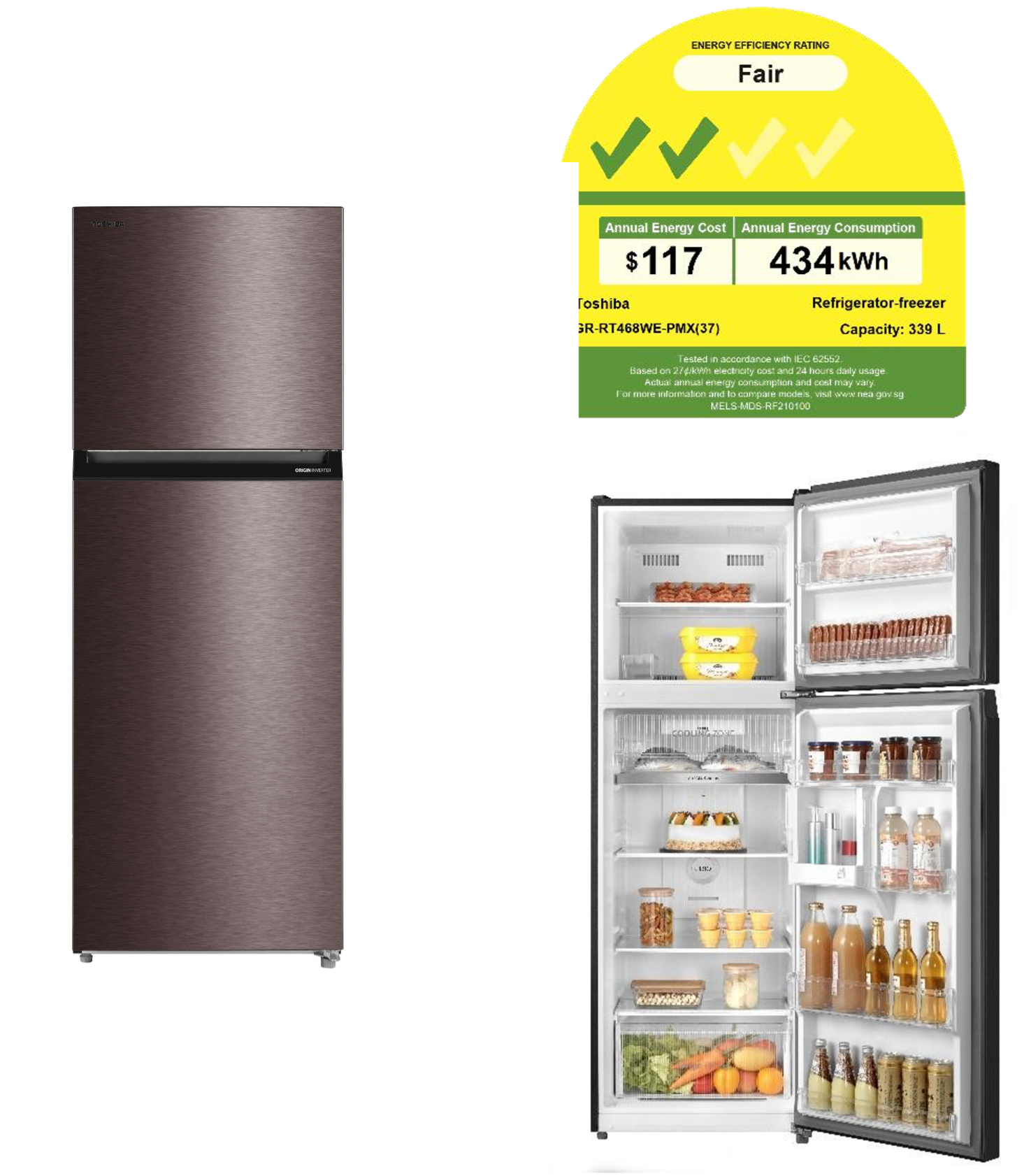 A refrigerator with the door open and a sticker that says fair