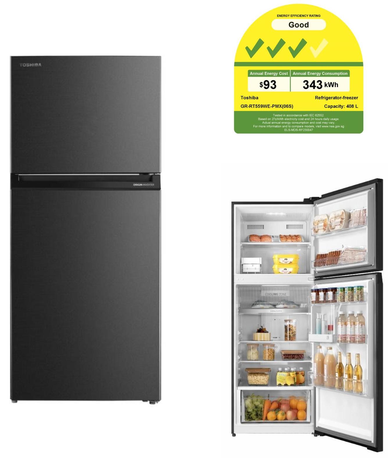 A picture of a black refrigerator with the door open