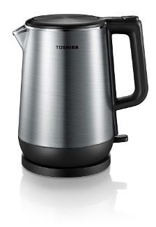 A toshiba electric kettle is sitting on a white surface.