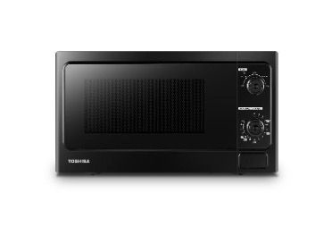 A black microwave oven is sitting on a white surface.
