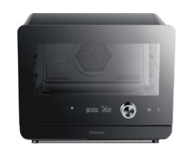 A black toshiba microwave oven with a glass door