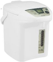 A white thermo pot with a digital display and a handle on a white background.