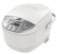 A white rice cooker with a handle on a white background.