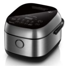 A stainless steel rice cooker with a black lid on a white background.