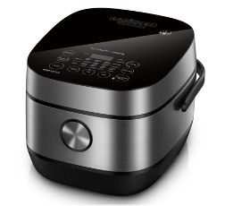 A stainless steel rice cooker with a black lid and handle on a white background.