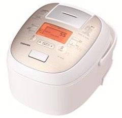 A white and gold rice cooker with a digital display on a white background.