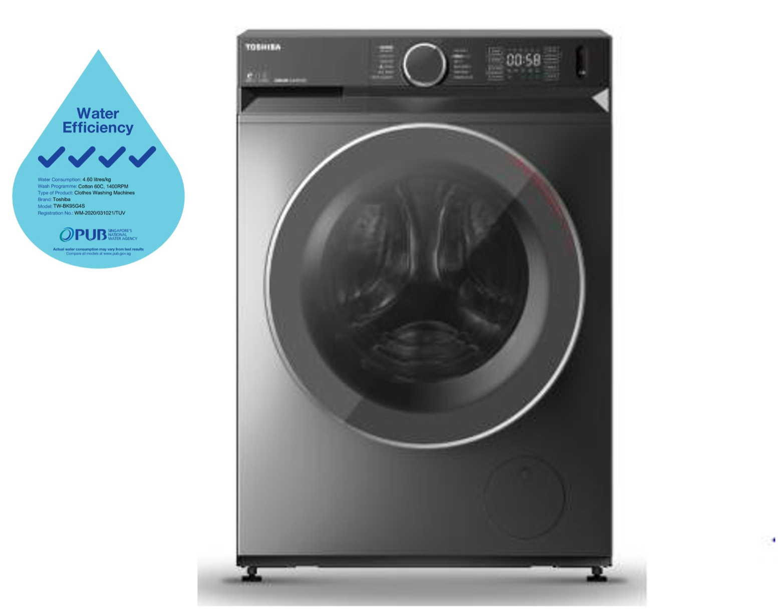 A washing machine with a water efficiency label on it