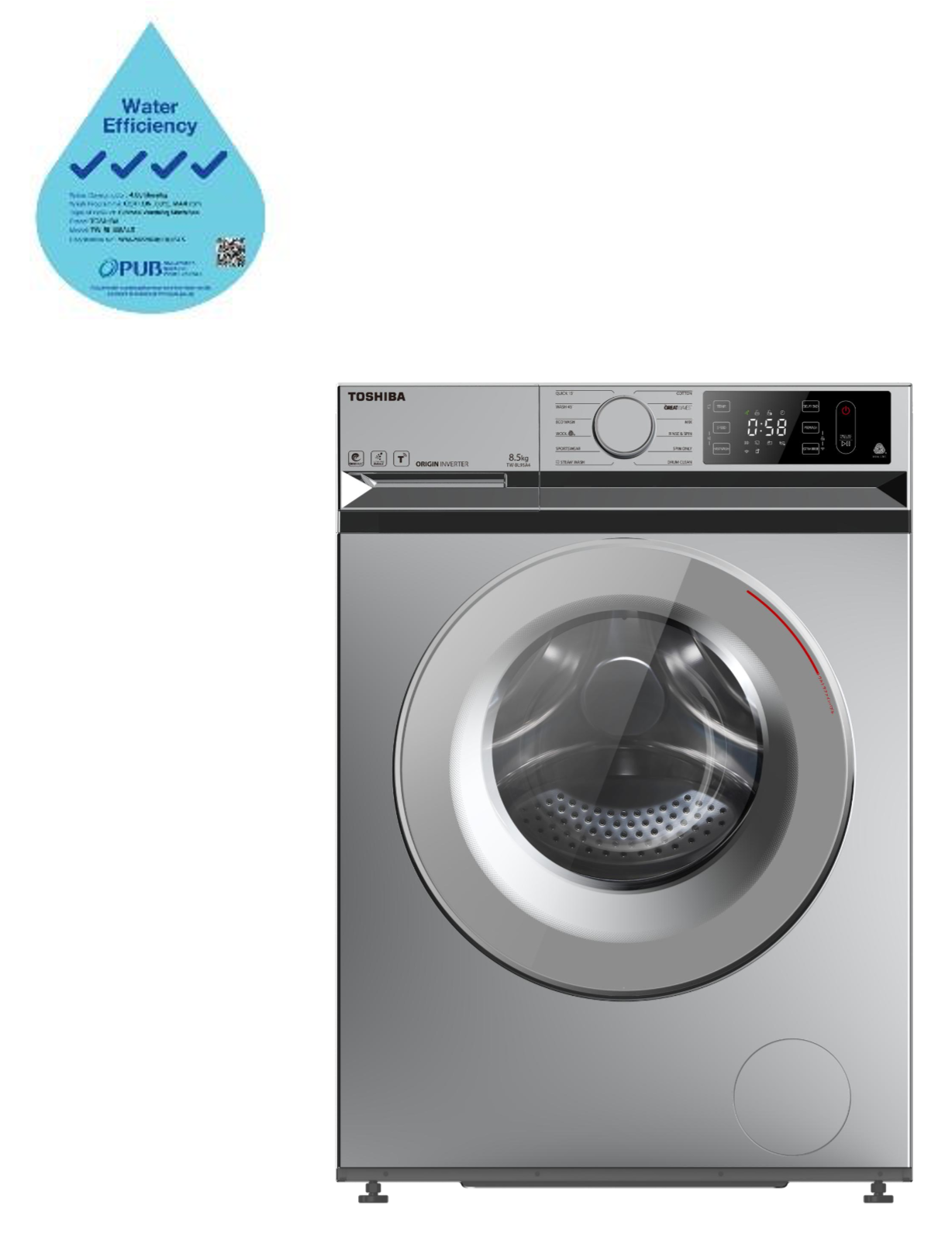 A stainless steel washing machine with a water drop next to it.