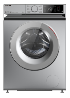 A toshiba washing machine is sitting on a white surface