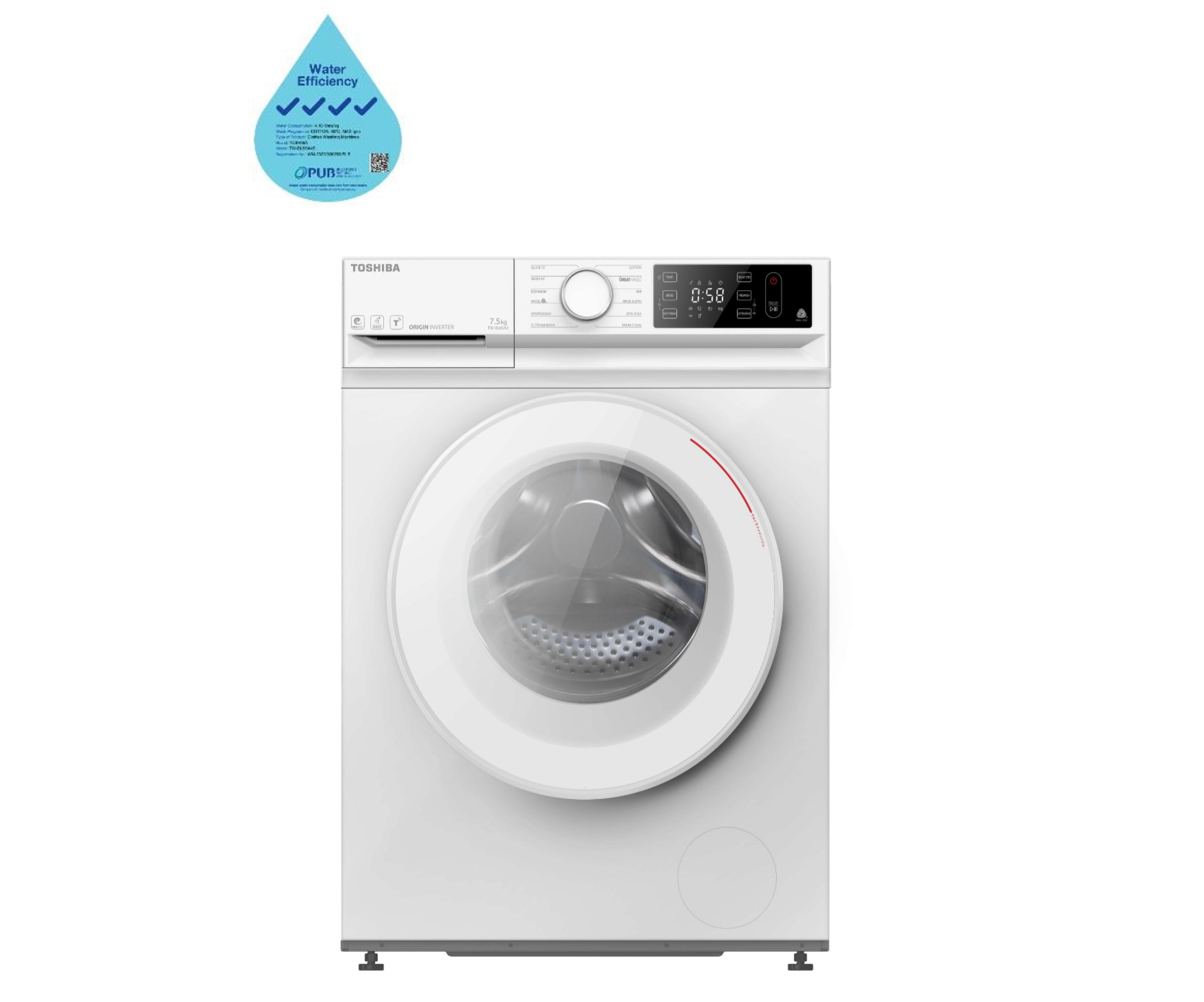 A white washing machine is sitting on a white surface.
