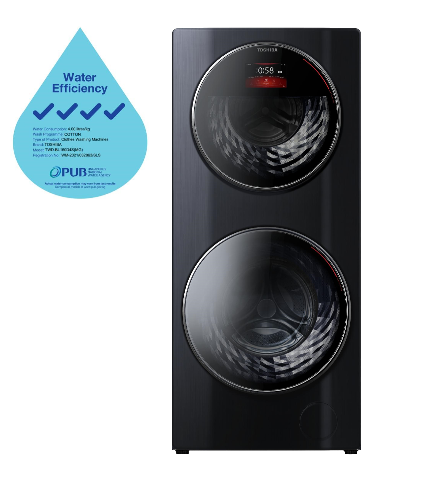A black washing machine with a water efficiency sticker next to it
