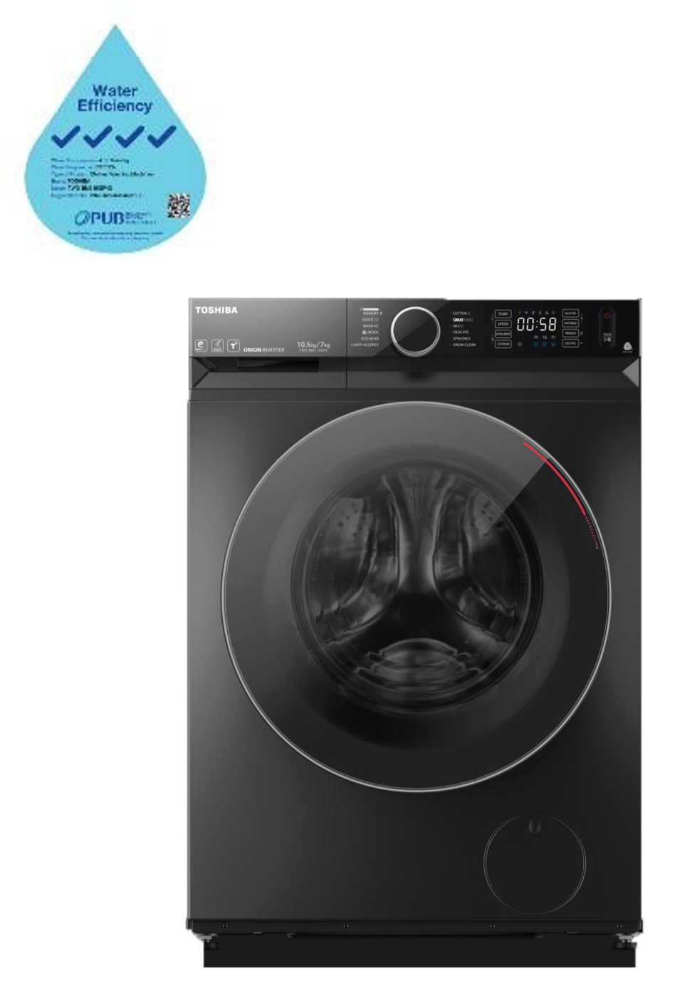 A black washing machine with a water drop on it