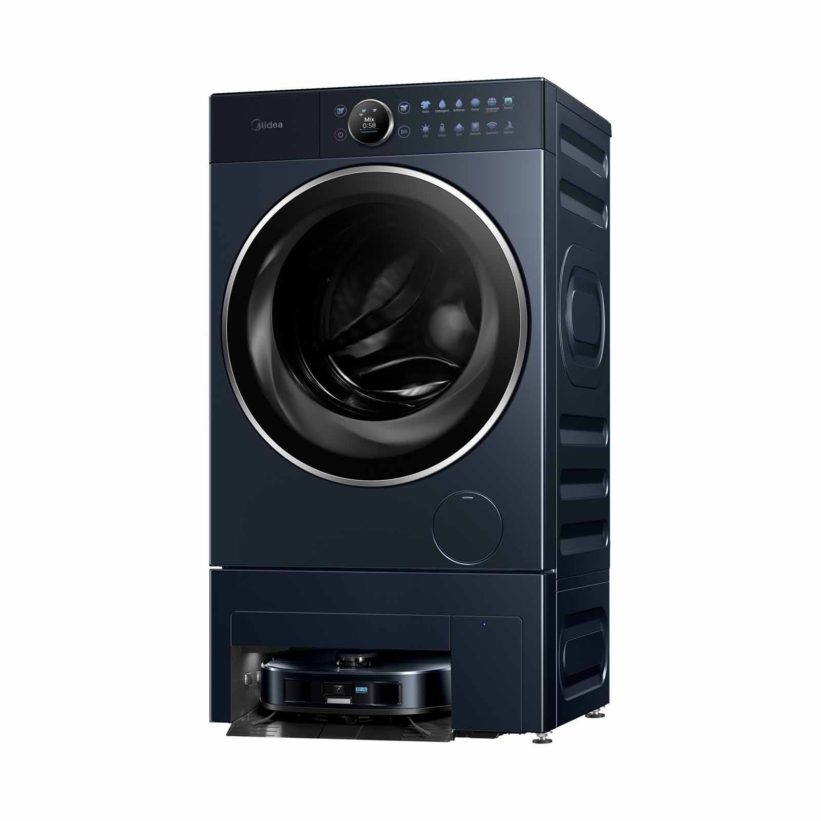 A washing machine with a robotic vacuum cleaner attached to it.