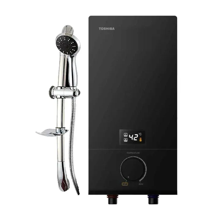 Two black water heaters are sitting next to each other on a white background.