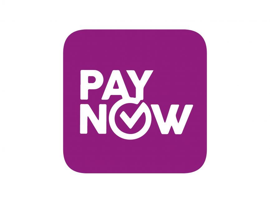 A purple square with the words `` pay now '' on it.