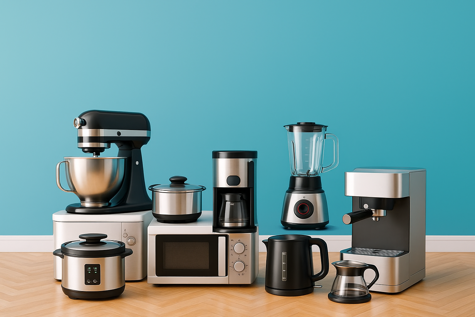 A bunch of kitchen appliances are sitting on a wooden table.