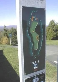 Golf course sign showing a hole map and “PAR 3 314 274” text.