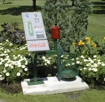 Vintage Coca-Cola coin-operated dispenser in a garden beside flowers and greenery