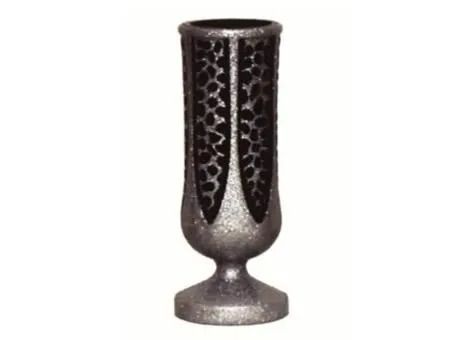 Tall silver vase with a black cutout lattice design on a white background