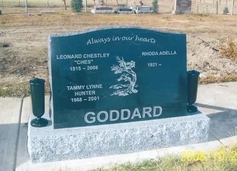 Black memorial stone with engraved names and dates in a cemetery, marked “GODDARD”