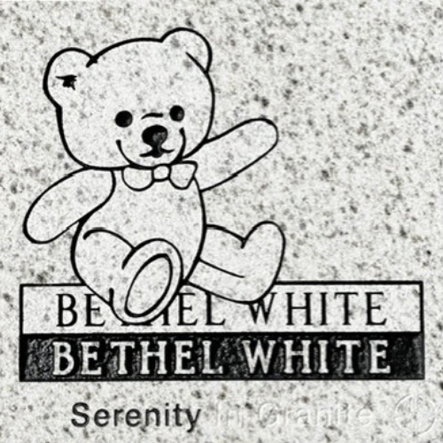 White teddy bear above “Bethel White” and “Serenity” text on a speckled background.