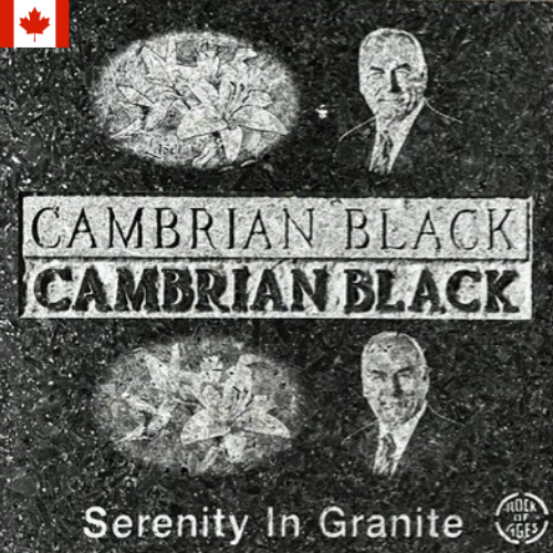 Cambrian Black granite ad with stone texture, rock logo, and the words “Cambrian Black” and “Serenity In Granite”