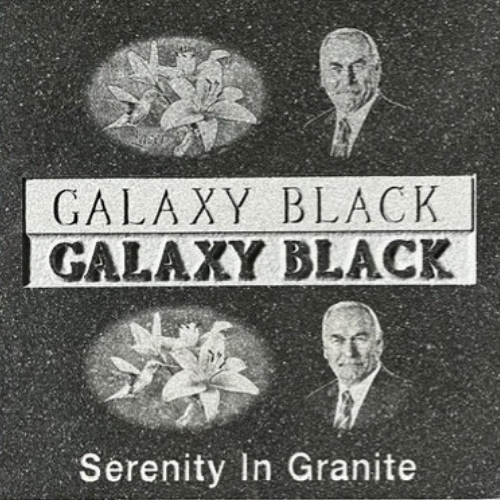 Galaxy Black granite ad with floral and portrait icons, text reading “Serenity In Granite”