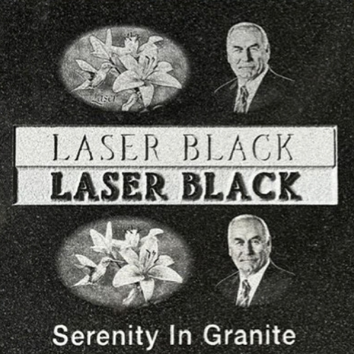 Vintage black-and-white advertisement for Laser Black granite with flowers and a portrait, reading “Serenity In Granite”