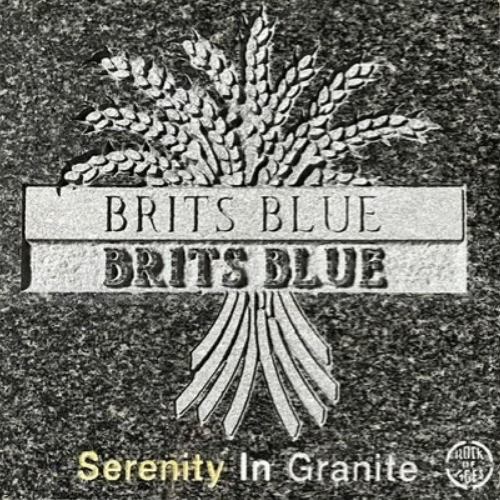 Brits Blue logo with wheat sheaf and “Serenity In Granite” text on a stone background