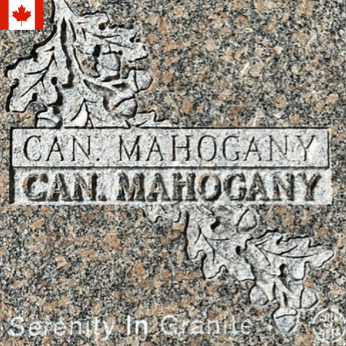 Granite memorial plaque with maple leaves and engraved text “CAN. MAHOGANY” and “CAN. MAHOGANY”