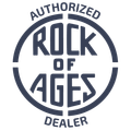 Authorized Rock of Ages dealer logo in dark blue, with circular text design