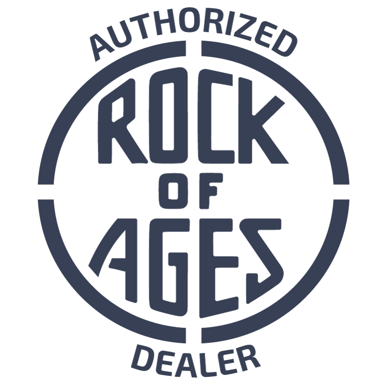 Authorized Rock of Ages dealer logo in dark blue, with circular text design