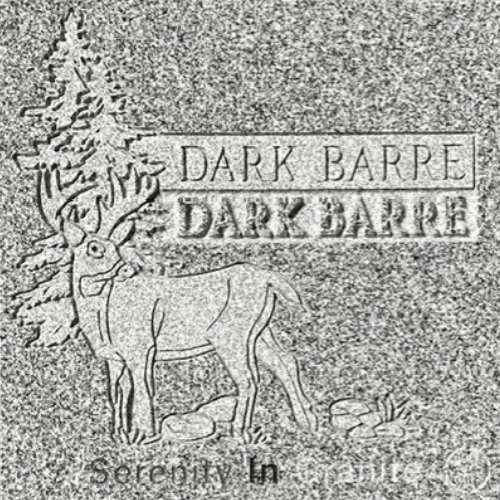 Engraved deer logo with “DARK BARRE” text on a textured stone surface
