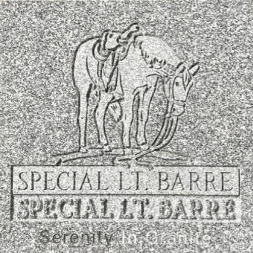 Engraved elephant logo above text reading “SPECIAL LT. BARRE” and “Serenity in Granite”