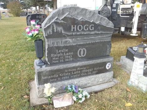 Gravestone for the Hogg family with flowers at a cemetery gravesite