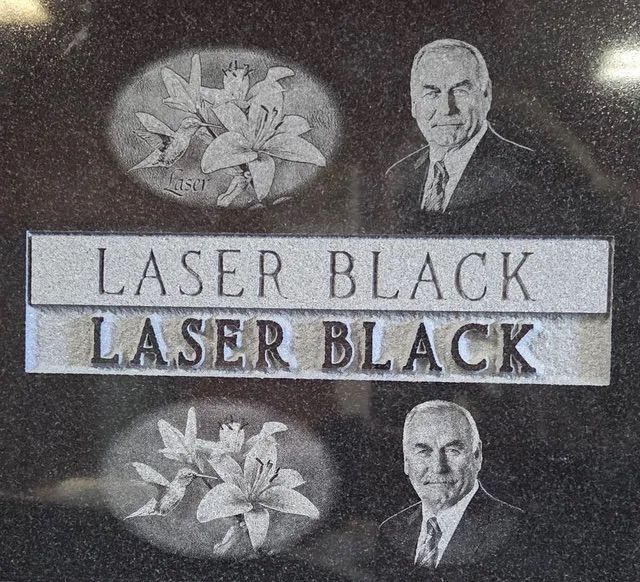“LASER BLACK” text with a flower graphic and two portraits on a dark background