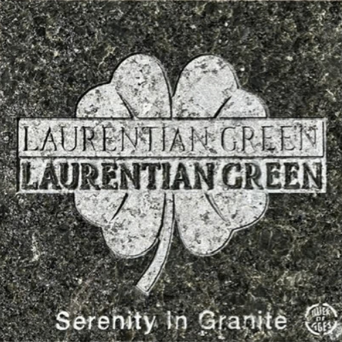 Laurentian Green granite logo with a white clover and the words “Serenity in Granite”