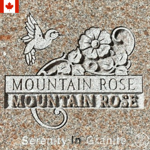 Mountain Rose granite sign with dove and flower, and a small Canadian flag
